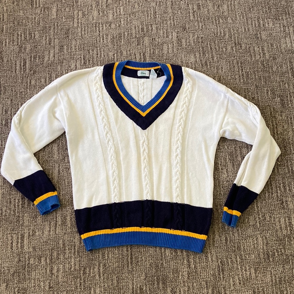 Vintage Izod Lacoste Varsity Tennis Stripe V Neck Wool Sweater